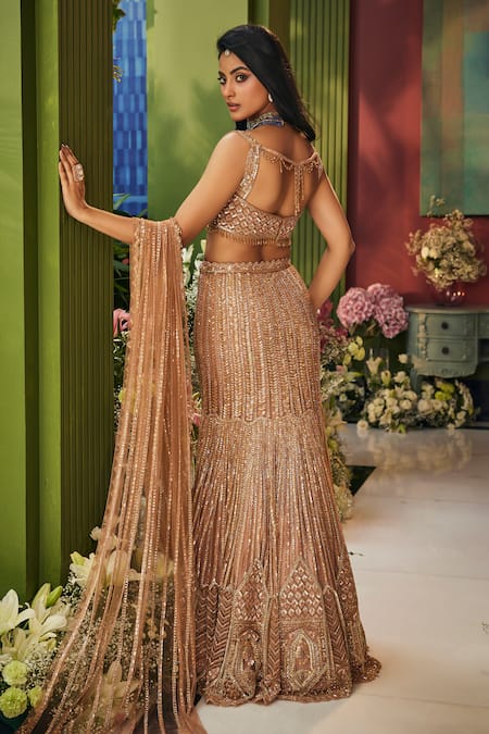 Isa By Dolly Wahal Geometric Embroidered Fishcut Lehenga Set 