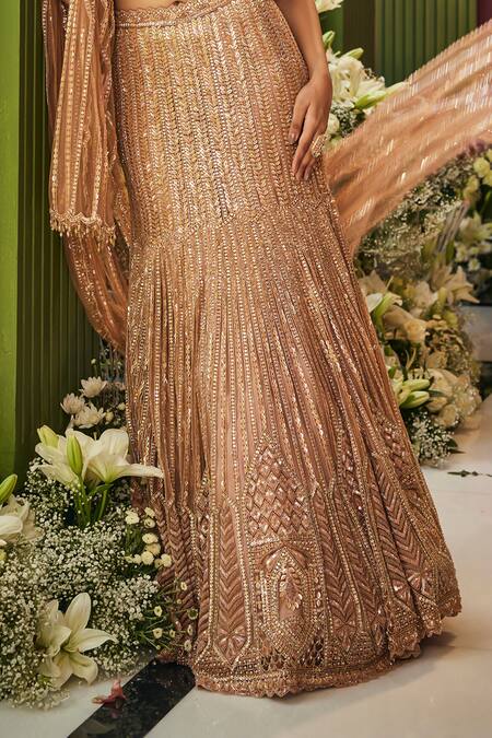 Shop_Isa By Dolly Wahal_Gold Net Embroidery, Sequins, Zari Sweetheart Geometric Fishcut Lehenga Set _Online_at_Aza_Fashions