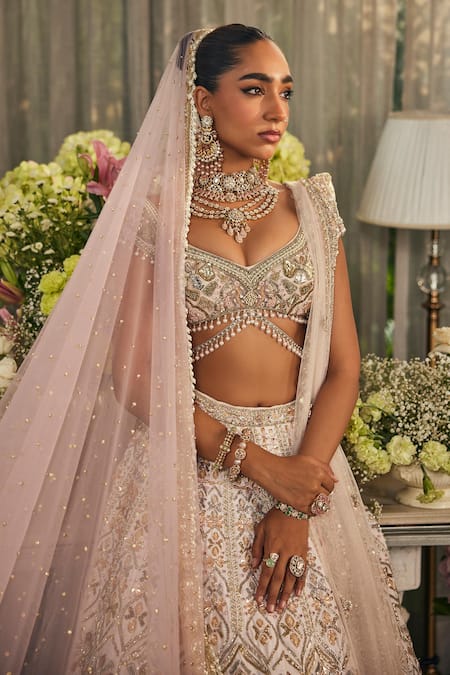 Buy_Isa By Dolly Wahal_Blush Silk, Net Embroidery, Sequins, Crystals, Beads, Esme Bridal Lehenga Set _Online_at_Aza_Fashions