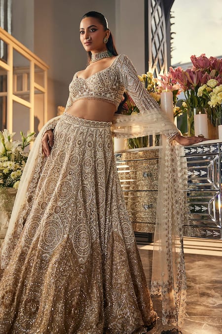 Isa By Dolly Wahal_Ivory Net Sequins, Crystals, Pearls, Embroidery, Ombre Gold Bridal Lehenga Set _Online_at_Aza_Fashions