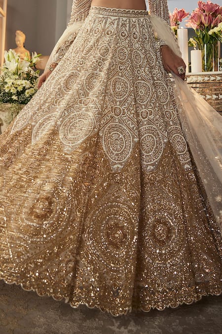 Buy_Isa By Dolly Wahal_Ivory Net Sequins, Crystals, Pearls, Embroidery, Ombre Gold Bridal Lehenga Set _Online_at_Aza_Fashions