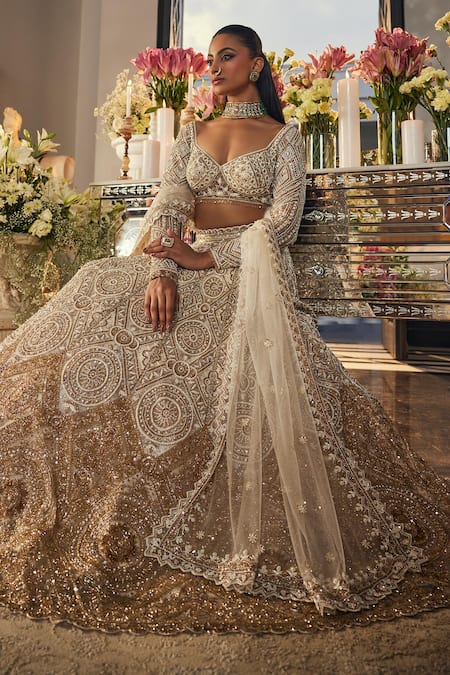 Shop_Isa By Dolly Wahal_Ivory Net Sequins, Crystals, Pearls, Embroidery, Ombre Gold Bridal Lehenga Set _Online_at_Aza_Fashions