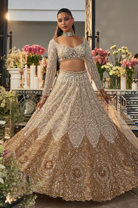 Buy_Isa By Dolly Wahal_Ivory Net Sequins, Crystals, Pearls, Embroidery, Ombre Gold Bridal Lehenga Set 