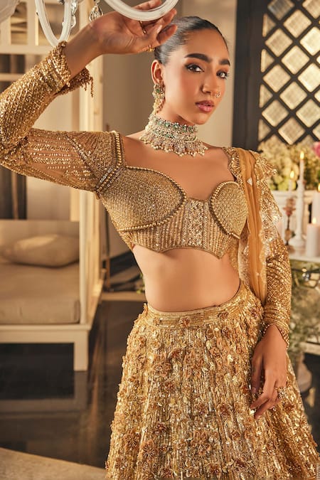 Isa By Dolly Wahal_Gold Net Sequins, Crystals, Beads, Embroidery Embellished Bridal Lehenga Set _Online_at_Aza_Fashions