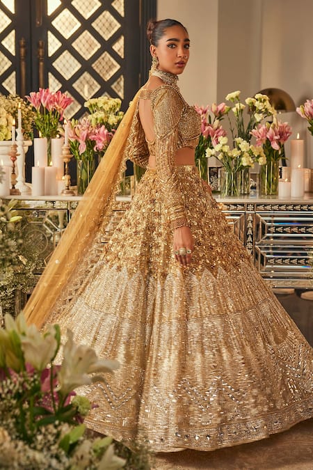 Buy_Isa By Dolly Wahal_Gold Net Sequins, Crystals, Beads, Embroidery Embellished Bridal Lehenga Set _Online_at_Aza_Fashions