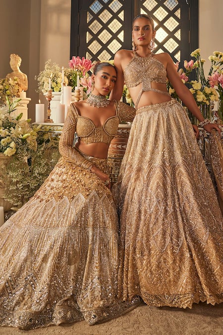 Buy_Isa By Dolly Wahal_Gold Net Sequins, Crystals, Beads, Embroidery Embellished Bridal Lehenga Set 