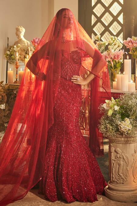 Isa By Dolly Wahal_Red Net Sequins, Crystals, Embroidery Sweetheart Scarlet Blouse And Lehenga Set _Online_at_Aza_Fashions