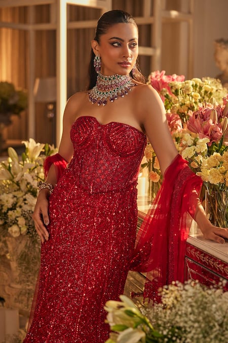 Buy_Isa By Dolly Wahal_Red Net Sequins, Crystals, Embroidery Sweetheart Scarlet Blouse And Lehenga Set _Online_at_Aza_Fashions