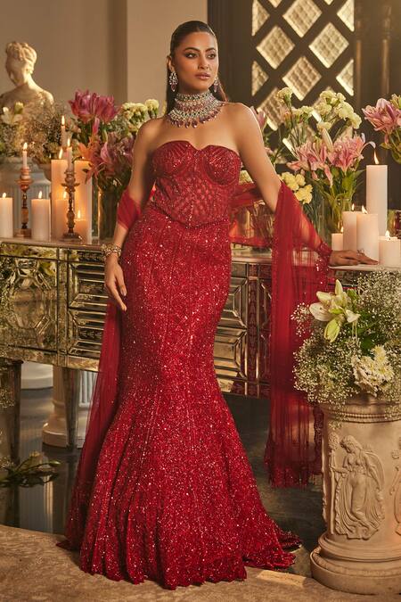 Shop_Isa By Dolly Wahal_Red Net Sequins, Crystals, Embroidery Sweetheart Scarlet Blouse And Lehenga Set _Online_at_Aza_Fashions