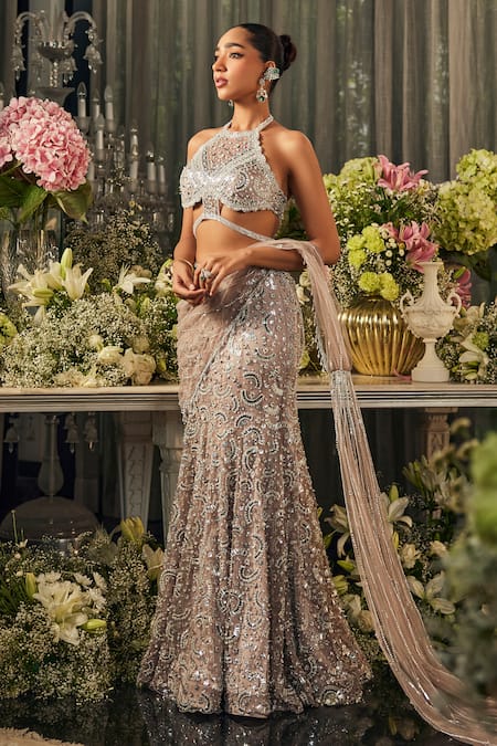 Buy_Isa By Dolly Wahal_Gray Net Sequins, Crystals, Embroidery Halter Lola Metallic Skirt And Blouse Set _Online_at_Aza_Fashions