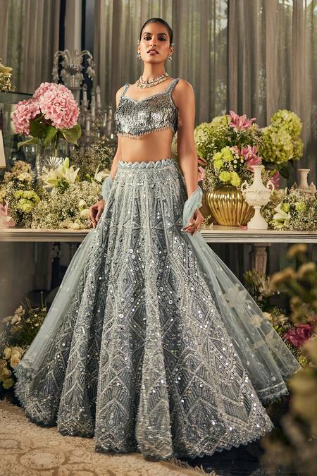 Isa By Dolly Wahal_Blue Net Mirrors, Sequins, Embroidery Square Neck Cerulean Lehenga Set _Online_at_Aza_Fashions