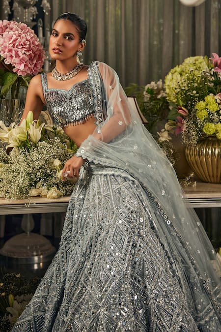 Buy_Isa By Dolly Wahal_Blue Net Mirrors, Sequins, Embroidery Square Neck Cerulean Lehenga Set _Online_at_Aza_Fashions