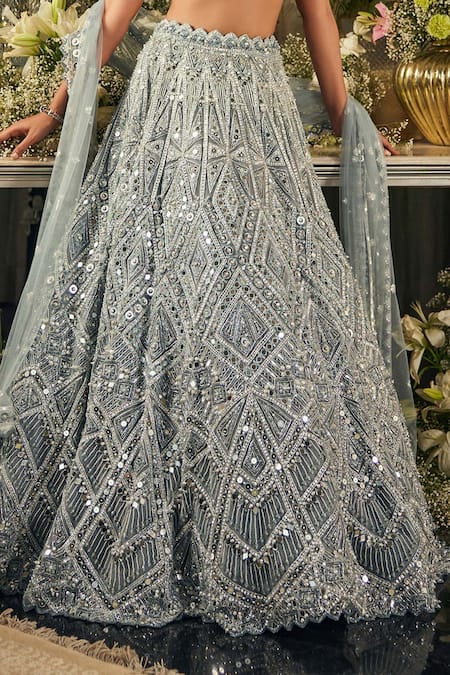 Shop Isa By Dolly Wahal Blue Net Mirrors, Sequins, Embroidery Square Neck Cerulean Lehenga Set Online at Aza Fashions Shop_Isa By Dolly Wahal_Blue Net Mirrors, Sequins, Embroidery Square Neck Cerulean Lehenga Set _Online_at_Aza_Fashions
