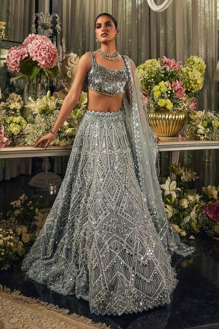 Buy_Isa By Dolly Wahal_Blue Net Mirrors, Sequins, Embroidery Square Neck Cerulean Lehenga Set 