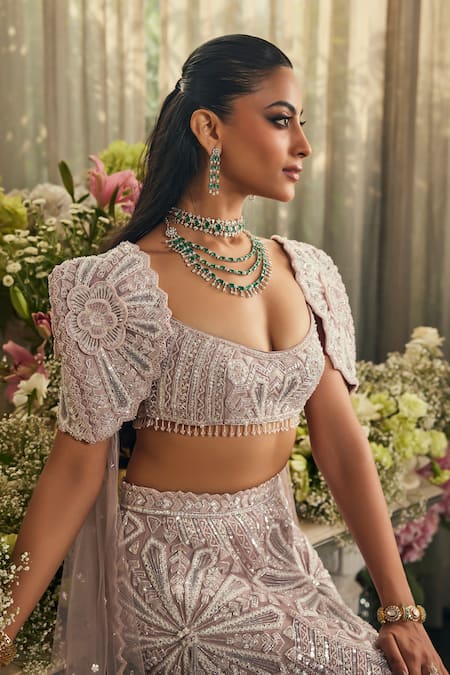 Isa By Dolly Wahal_Lavender Net Sequins, Crystals, Pearls, Embroidery, Floral Lehenga And Blouse Set _Online_at_Aza_Fashions