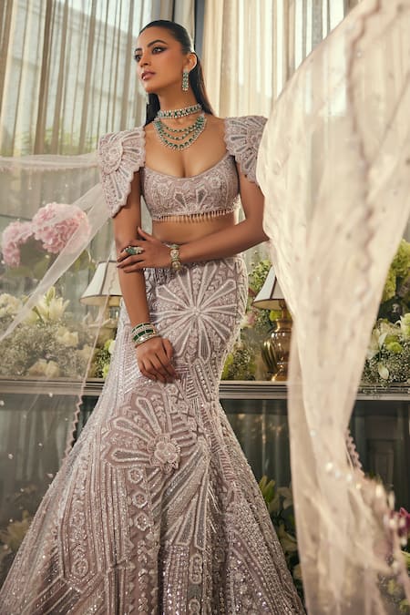 Shop_Isa By Dolly Wahal_Lavender Net Sequins, Crystals, Pearls, Embroidery, Floral Lehenga And Blouse Set _Online_at_Aza_Fashions