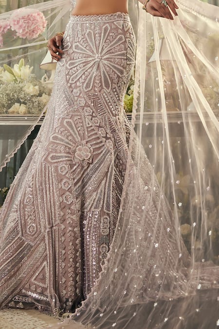 Isa By Dolly Wahal_Lavender Net Sequins, Crystals, Pearls, Embroidery, Floral Lehenga And Blouse Set _at_Aza_Fashions