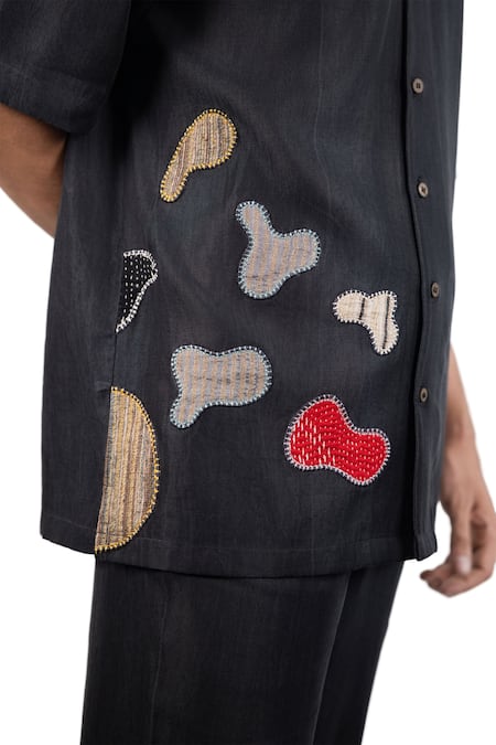 Raw & Rustic By Niti Bothra_Black Tencel Patchwork Denim Grid Shirt _Online_at_Aza_Fashions