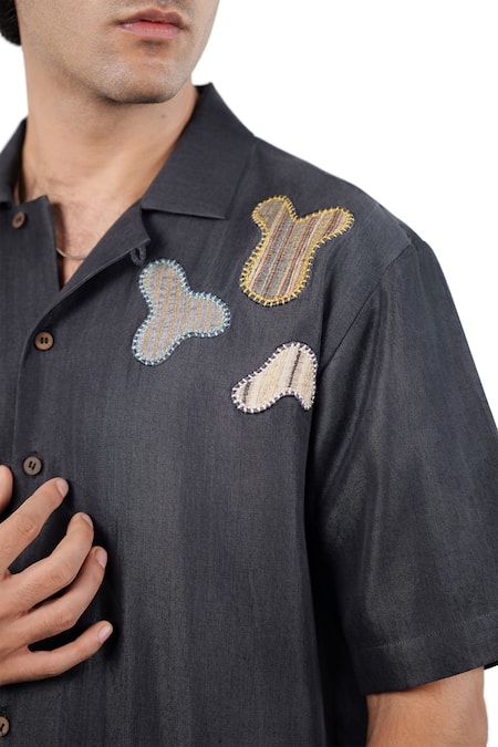 Buy_Raw & Rustic By Niti Bothra_Black Tencel Patchwork Denim Grid Shirt _Online_at_Aza_Fashions