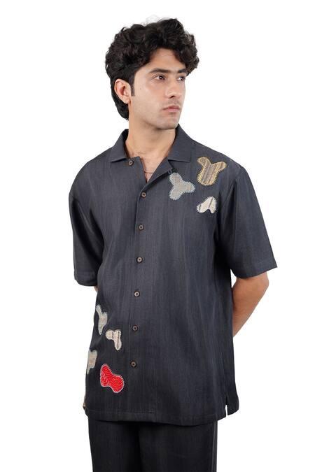 Shop_Raw & Rustic By Niti Bothra_Black Tencel Patchwork Denim Grid Shirt _Online_at_Aza_Fashions