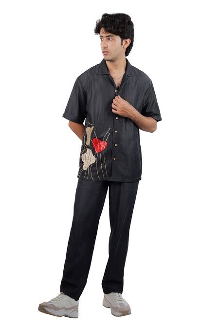 Buy_Raw & Rustic By Niti Bothra_Black Tencel, Denim Patchwork, Embroidery Rust Panel Shirt _Online_at_Aza_Fashions