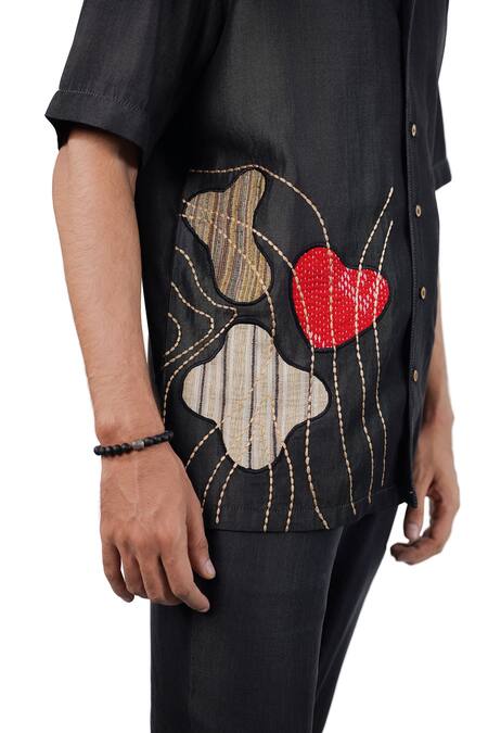 Shop_Raw & Rustic By Niti Bothra_Black Tencel, Denim Patchwork, Embroidery Rust Panel Shirt _Online_at_Aza_Fashions