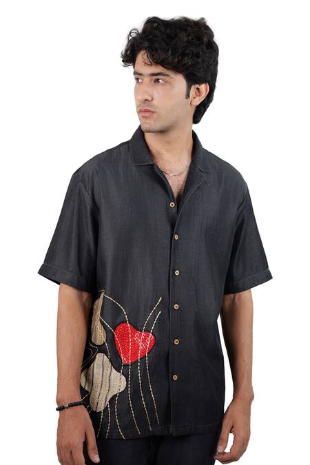 Raw & Rustic By Niti Bothra_Black Tencel, Denim Patchwork, Embroidery Rust Panel Shirt _at_Aza_Fashions