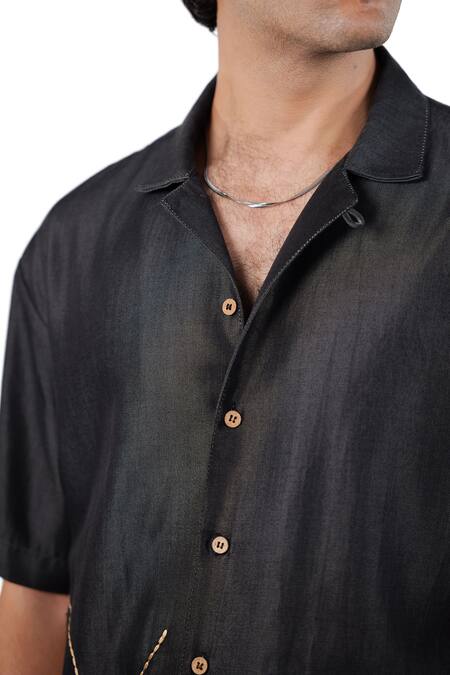 Buy_Raw & Rustic By Niti Bothra_Black Tencel, Denim Patchwork, Embroidery Rust Panel Shirt 