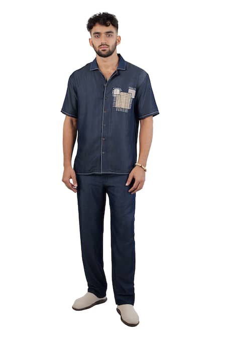 Raw & Rustic By Niti Bothra Navy Tencel, Denim Patchwork Dark Blue Midnight Mosaic Shirt Online at Aza Fashions Raw & Rustic By Niti Bothra_Navy Tencel, Denim Patchwork Dark Blue Midnight Mosaic Shirt _Online_at_Aza_Fashions