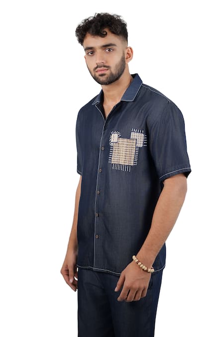 Buy Raw & Rustic By Niti Bothra Navy Tencel, Denim Patchwork Dark Blue Midnight Mosaic Shirt Online at Aza Fashions Buy_Raw & Rustic By Niti Bothra_Navy Tencel, Denim Patchwork Dark Blue Midnight Mosaic Shirt _Online_at_Aza_Fashions