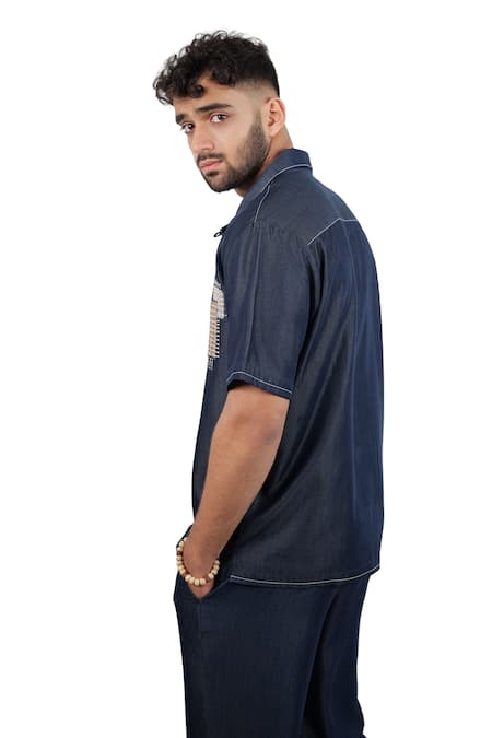 Shop Raw & Rustic By Niti Bothra Navy Tencel, Denim Patchwork Dark Blue Midnight Mosaic Shirt Online at Aza Fashions Shop_Raw & Rustic By Niti Bothra_Navy Tencel, Denim Patchwork Dark Blue Midnight Mosaic Shirt _Online_at_Aza_Fashions