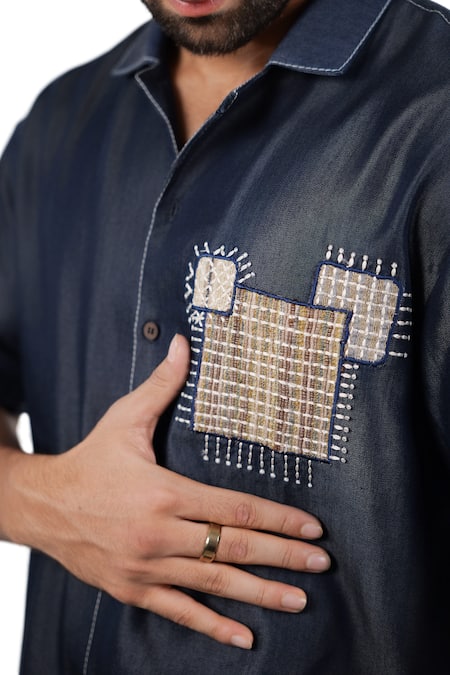 Raw & Rustic By Niti Bothra Navy Tencel, Denim Patchwork Dark Blue Midnight Mosaic Shirt at Aza Fashions Raw & Rustic By Niti Bothra_Navy Tencel, Denim Patchwork Dark Blue Midnight Mosaic Shirt _at_Aza_Fashions