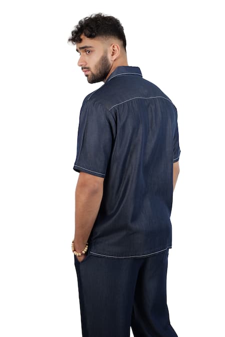 Buy Raw & Rustic By Niti Bothra Navy Tencel, Denim Patchwork Dark Blue Midnight Mosaic Shirt Buy_Raw & Rustic By Niti Bothra_Navy Tencel, Denim Patchwork Dark Blue Midnight Mosaic Shirt