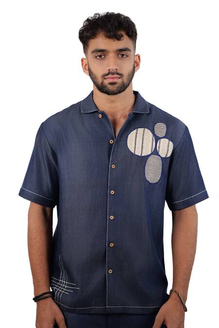 Raw & Rustic By Niti Bothra Navy Tencel, Denim Patchwork, Embroidery Dark Blue Urban Nomad Shirt Online at Aza Fashions Raw & Rustic By Niti Bothra_Navy Tencel, Denim Patchwork, Embroidery Dark Blue Urban Nomad Shirt _Online_at_Aza_Fashions