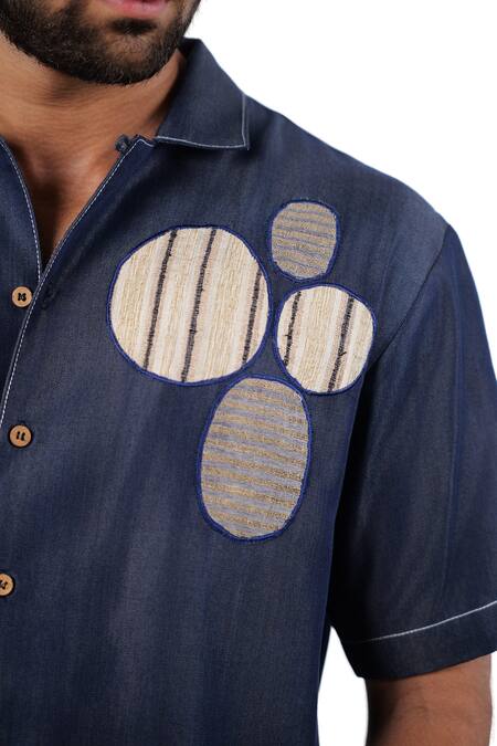 Shop Raw & Rustic By Niti Bothra Navy Tencel, Denim Patchwork, Embroidery Dark Blue Urban Nomad Shirt Online at Aza Fashions Shop_Raw & Rustic By Niti Bothra_Navy Tencel, Denim Patchwork, Embroidery Dark Blue Urban Nomad Shirt _Online_at_Aza_Fashions