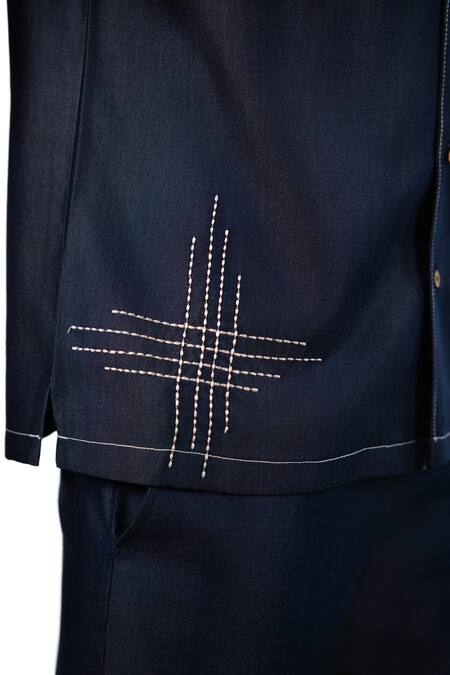 Raw & Rustic By Niti Bothra Navy Tencel, Denim Patchwork, Embroidery Dark Blue Urban Nomad Shirt at Aza Fashions Raw & Rustic By Niti Bothra_Navy Tencel, Denim Patchwork, Embroidery Dark Blue Urban Nomad Shirt _at_Aza_Fashions