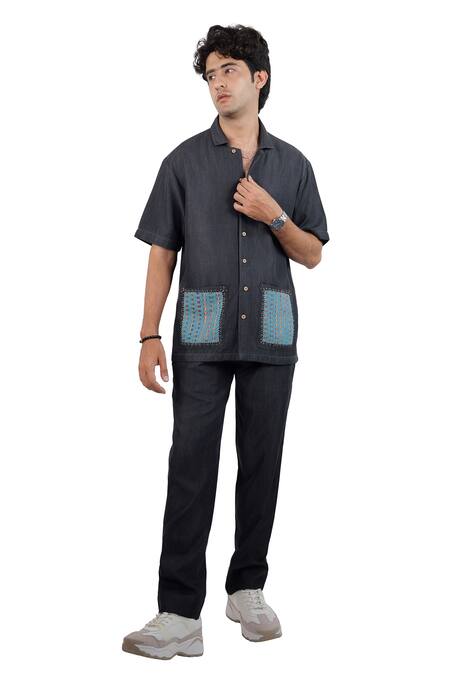 Buy_Raw & Rustic By Niti Bothra_Black Tencel, Denim Patchwork Pocket Shirt _Online_at_Aza_Fashions