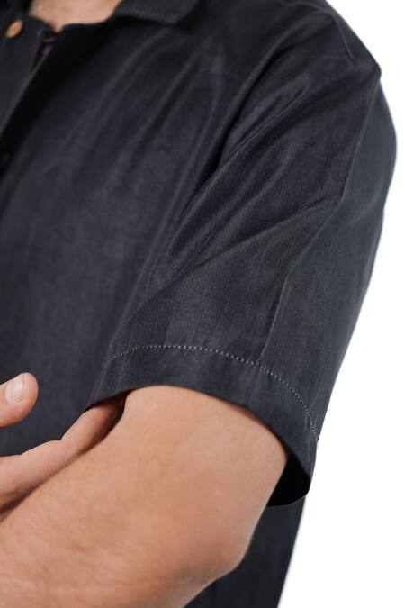 Raw & Rustic By Niti Bothra_Black Tencel, Denim Patchwork Pocket Shirt _at_Aza_Fashions