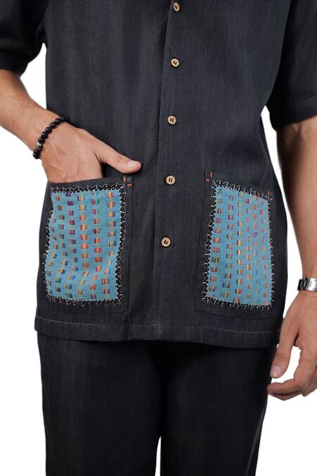 Buy_Raw & Rustic By Niti Bothra_Black Tencel, Denim Patchwork Pocket Shirt 