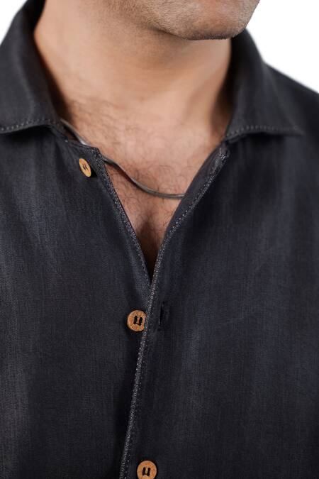 Shop_Raw & Rustic By Niti Bothra_Black Tencel, Denim Patchwork Pocket Shirt 