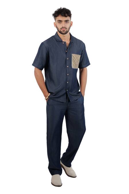 Raw & Rustic By Niti Bothra_Navy Tencel, Denim Patchwork Dark Blue Earth Shirt _Online_at_Aza_Fashions