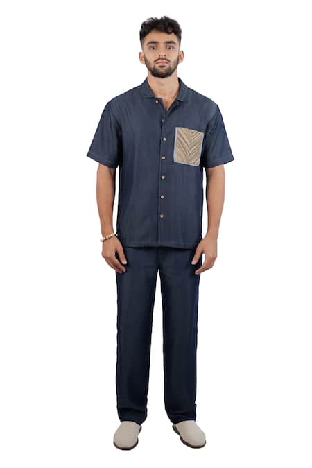 Buy_Raw & Rustic By Niti Bothra_Navy Tencel, Denim Patchwork Dark Blue Earth Shirt _Online_at_Aza_Fashions