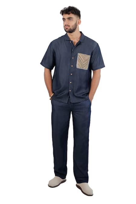 Raw & Rustic By Niti Bothra_Navy Tencel, Denim Patchwork Dark Blue Earth Shirt _at_Aza_Fashions