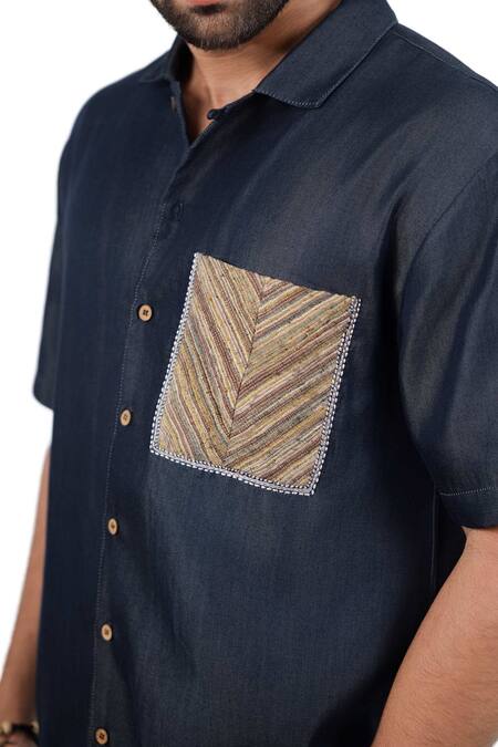 Buy_Raw & Rustic By Niti Bothra_Navy Tencel, Denim Patchwork Dark Blue Earth Shirt 