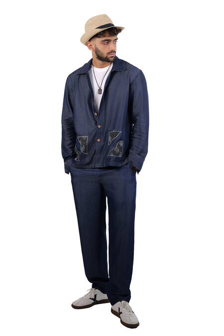 Buy_Raw & Rustic By Niti Bothra_Navy Tencel, Denim Patchwork, Embroidery Dark Blue Artisanal Kantha Shacket _Online_at_Aza_Fashions