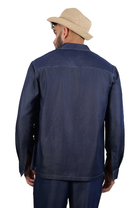 Raw & Rustic By Niti Bothra Dark Blue Denim Artisanal Kantha Patchwork Shacket 