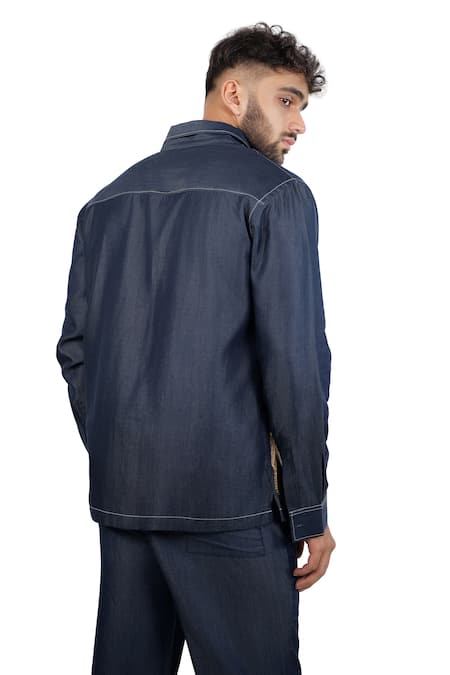 Raw & Rustic By Niti Bothra Dark Blue Denim Grid Zipper Patchwork Shacket 