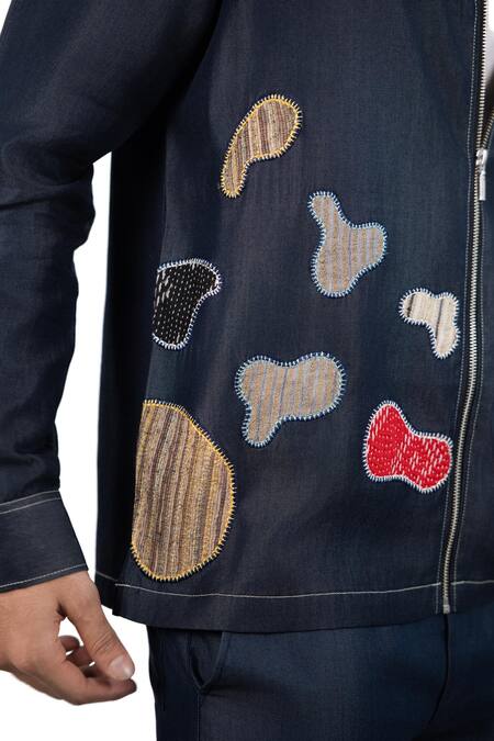 Buy_Raw & Rustic By Niti Bothra_Blue Denim, Tencel Patchwork Dark Grid Zipper Shacket _Online_at_Aza_Fashions