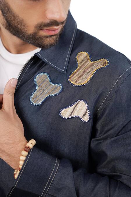 Shop_Raw & Rustic By Niti Bothra_Blue Denim, Tencel Patchwork Dark Grid Zipper Shacket _Online_at_Aza_Fashions