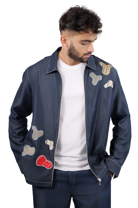 Raw & Rustic By Niti Bothra Blue Denim, Tencel Patchwork Dark Grid Zipper Shacket